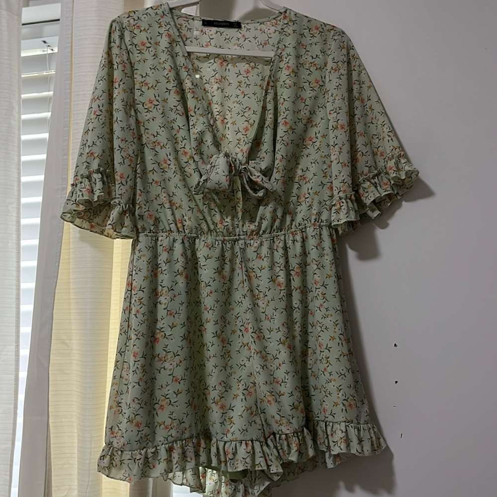 Green and pink floral romper